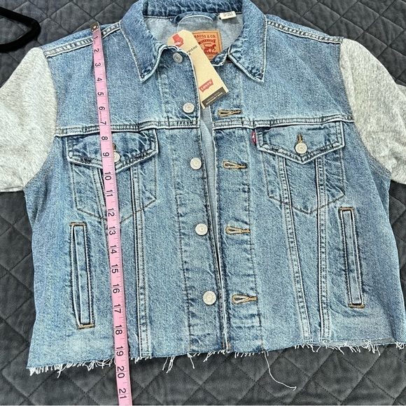 Levi’s Jean Jacket Women Large Ex Boyfriend Trucker Sweater Sleeve Button C - Picture 5 of 8